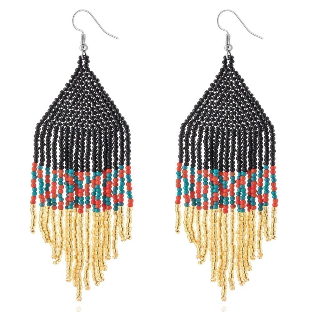 Colorful Bohemian Seed Bead Tassel Dangling Statement French Wire Hook Earrings